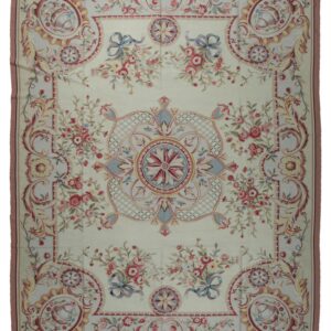 Vintage Aubusson flat weave rug, Louis XV Rosette Medallion (SKU FA5089AIV9X12), full view