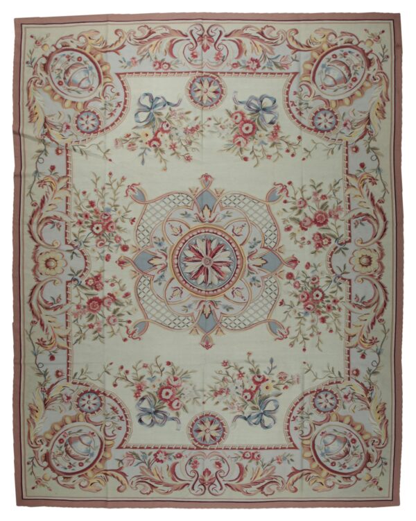 Vintage aubusson flat weave rug, louis xv rosette medallion (sku fa5089aiv9x12), full view
