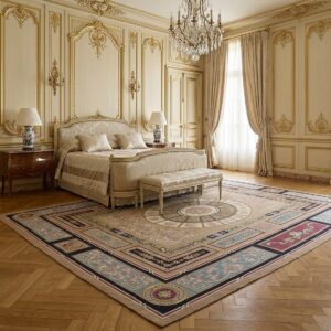 Vintage Aubusson Flat Weave Rug, Neoclassical Compass Medallion (SKU FA8141BN9X12), styled in a bedroom