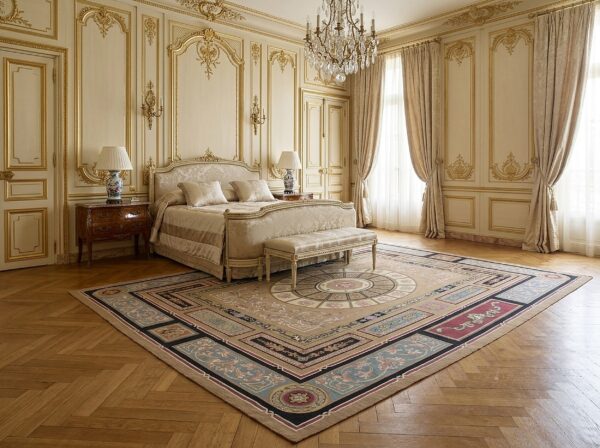 Vintage aubusson flat weave rug, neoclassical compass medallion, 9' x 12' 12 Vintage aubusson flat weave rug, neoclassical compass medallion (sku fa8141bn9x12), styled in a bedroom