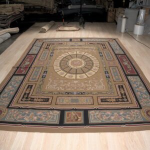Vintage Aubusson flat weave rug, Neoclassical Compass Medallion (SKU FA8141BN9X12), detail 1