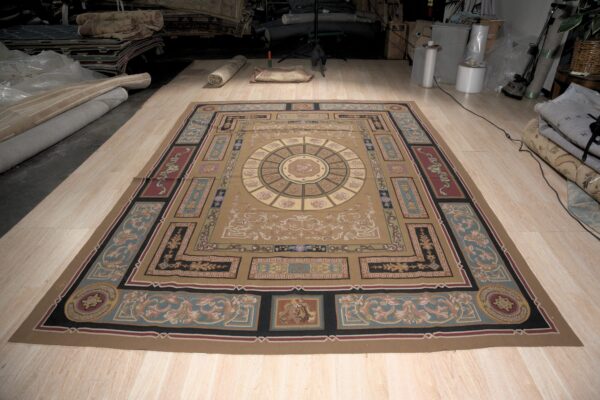 Vintage aubusson flat weave rug, neoclassical compass medallion, 9' x 12' 2 Vintage aubusson flat weave rug, neoclassical compass medallion (sku fa8141bn9x12), detail 1