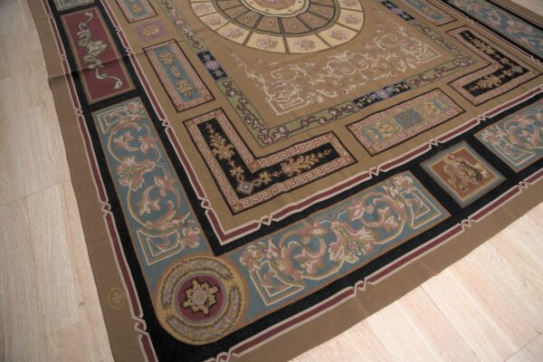 Vintage aubusson flat weave rug, neoclassical compass medallion, 9' x 12' 3 Vintage aubusson flat weave rug, neoclassical compass medallion (sku fa8141bn9x12), detail 2