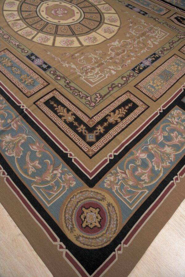 Vintage aubusson flat weave rug, neoclassical compass medallion, 9' x 12' 9 Vintage aubusson flat weave rug, neoclassical compass medallion (sku fa8141bn9x12), detail 8