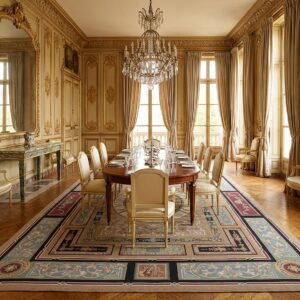 Vintage Aubusson Flat Weave Rug, Neoclassical Compass Medallion (SKU FA8141BN9X12), styled in a dining room