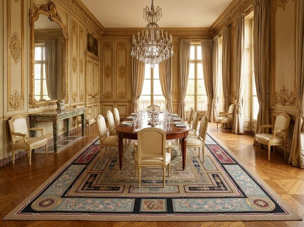Vintage aubusson flat weave rug, neoclassical compass medallion, 9' x 12' 11 Vintage aubusson flat weave rug, neoclassical compass medallion (sku fa8141bn9x12), styled in a dining room