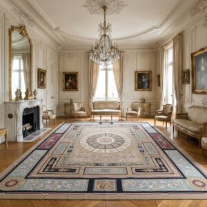 Vintage Aubusson Flat Weave Rug, Neoclassical Compass Medallion (SKU FA8141BN9X12), styled in a living room