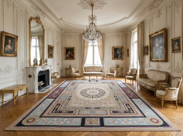 Vintage aubusson flat weave rug, neoclassical compass medallion, 9' x 12' 10 Vintage aubusson flat weave rug, neoclassical compass medallion (sku fa8141bn9x12), styled in a living room