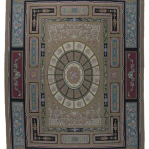 Vintage Aubusson flat weave rug, Neoclassical Compass Medallion (SKU FA8141BN9X12), full view