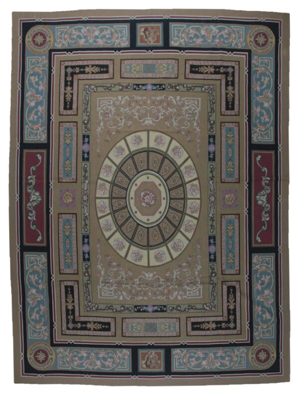 Vintage aubusson flat weave rug, neoclassical compass medallion, 9' x 12' 1 Vintage aubusson flat weave rug, neoclassical compass medallion (sku fa8141bn9x12), full view
