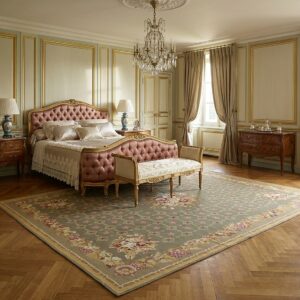 Vintage Aubusson Flat Weave Rug, Olive Green Star Lattice (SKU FA5141GN9X12), styled in a bedroom