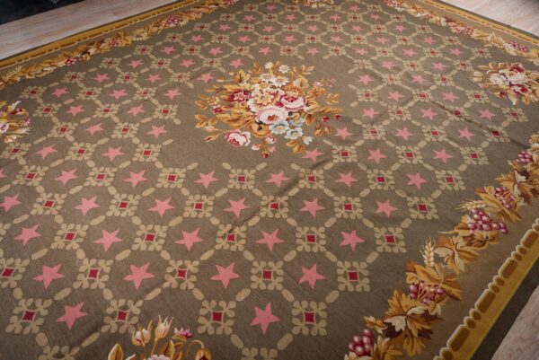 Vintage aubusson flat weave rug, olive green star lattice, 9' x 12' 3 Vintage aubusson flat weave rug, olive green star lattice (sku fa5141gn9x12), detail 2
