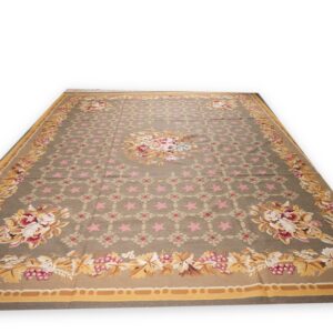 Vintage Aubusson flat weave rug, Olive Green Star Lattice (SKU FA5141GN9X12), detail 3