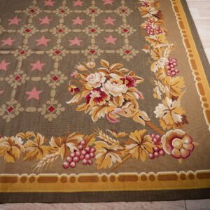 Vintage Aubusson flat weave rug, Olive Green Star Lattice (SKU FA5141GN9X12), detail 5