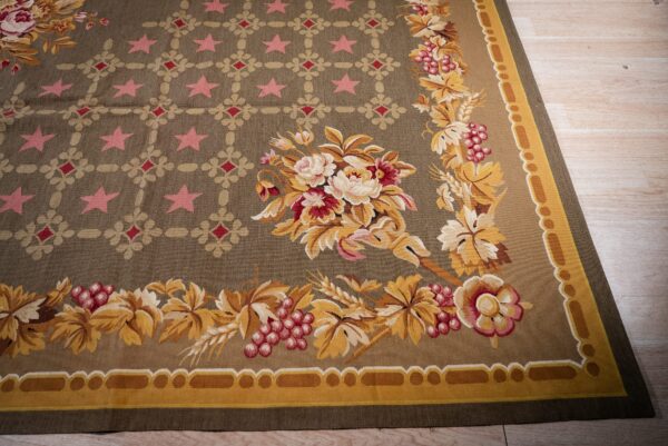 Vintage aubusson flat weave rug, olive green star lattice, 9' x 12' 6 Vintage aubusson flat weave rug, olive green star lattice (sku fa5141gn9x12), detail 5