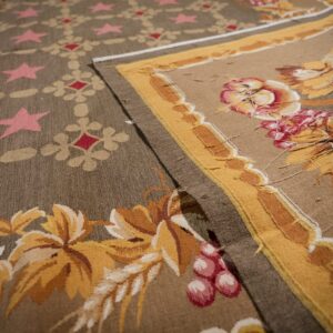 Vintage Aubusson flat weave rug, Olive Green Star Lattice (SKU FA5141GN9X12), detail 9