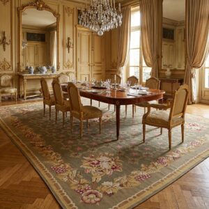 Vintage Aubusson Flat Weave Rug, Olive Green Star Lattice (SKU FA5141GN9X12), styled in a dining room