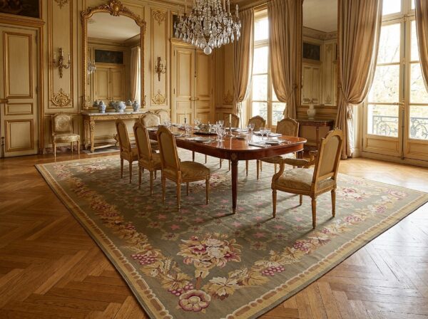 Vintage aubusson flat weave rug, olive green star lattice, 9' x 12' 14 Vintage aubusson flat weave rug, olive green star lattice (sku fa5141gn9x12), styled in a dining room
