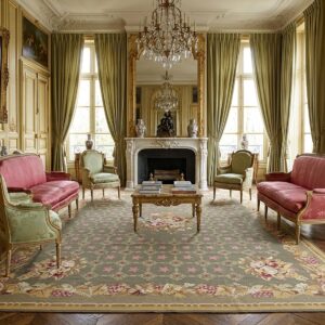 Vintage Aubusson Flat Weave Rug, Olive Green Star Lattice (SKU FA5141GN9X12), styled in a living room