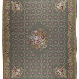 Vintage Aubusson flat weave rug, olive green star lattice (SKU FA5141GN9X12), full view