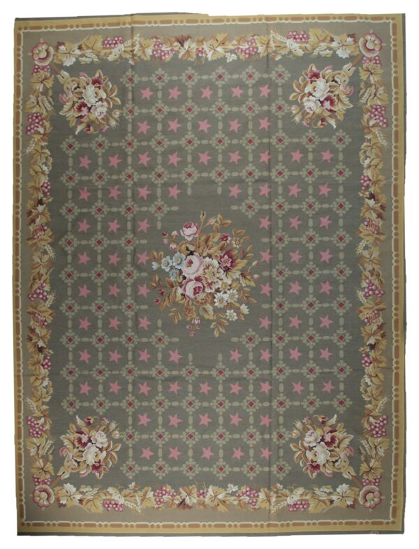 Vintage aubusson flat weave rug, olive green star lattice, 9' x 12' 1 Vintage aubusson flat weave rug, olive green star lattice (sku fa5141gn9x12), full view