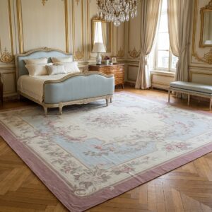 Vintage Aubusson Flat Weave Rug, Pastel Rose Bouquet (SKU FA3498BG9X11), styled in a bedroom