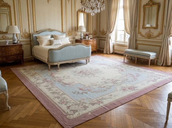 Vintage aubusson flat weave rug, pastel rose bouquet (sku fa3498bg9x11), styled in a bedroom