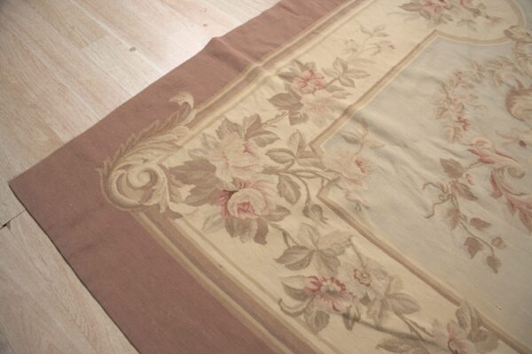 Vintage aubusson flat weave rug, pastel rose bouquet (sku fa3498bg9x11), detail 4