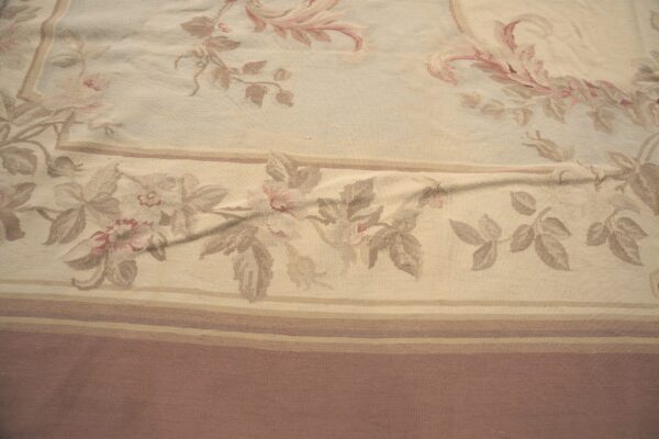 Vintage aubusson flat weave rug, pastel rose bouquet (sku fa3498bg9x11), detail 5