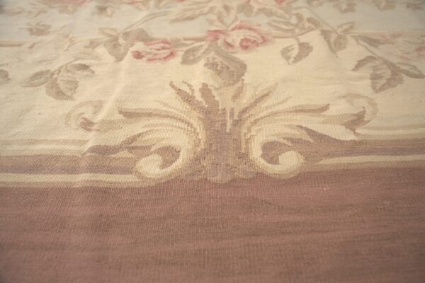 Vintage aubusson flat weave rug, pastel rose bouquet (sku fa3498bg9x11), detail 8