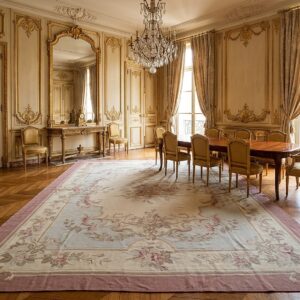 Vintage Aubusson Flat Weave Rug, Pastel Rose Bouquet (SKU FA3498BG9X11), styled in a dining room