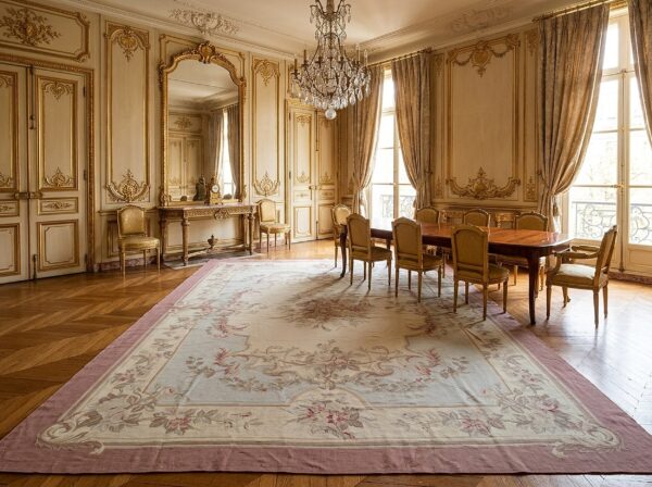 Vintage aubusson flat weave rug, pastel rose bouquet (sku fa3498bg9x11), styled in a dining room