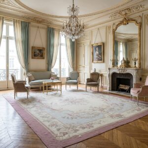 Vintage Aubusson Flat Weave Rug, Pastel Rose Bouquet (SKU FA3498BG9X11), styled in a living room