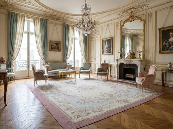 Vintage aubusson flat weave rug, pastel rose bouquet (sku fa3498bg9x11), styled in a living room