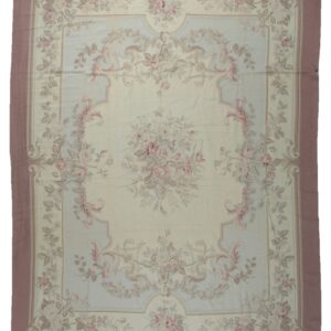 Vintage Aubusson flat weave rug, Pastel Rose Bouquet (SKU FA3498BG9X11), full view