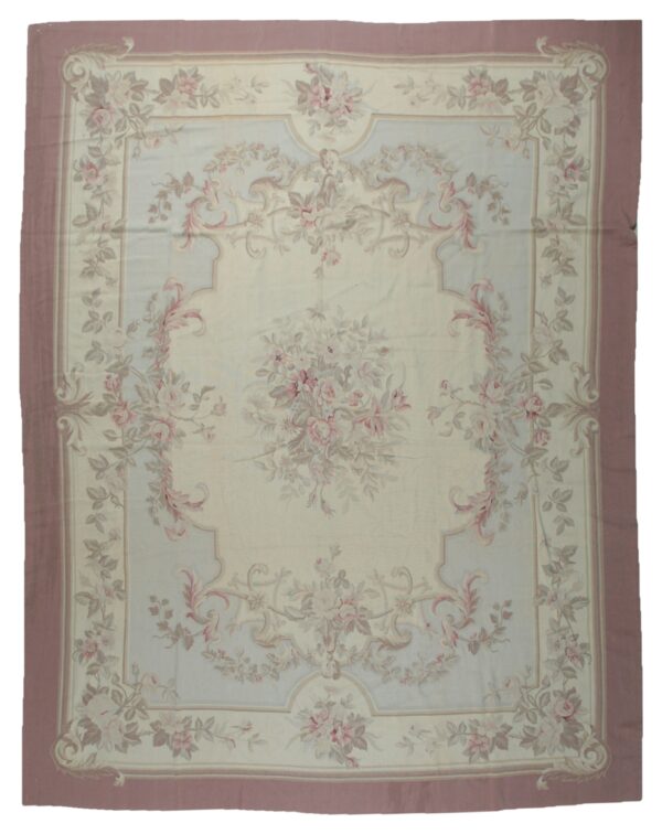 Vintage aubusson flat weave rug, pastel rose bouquet (sku fa3498bg9x11), full view