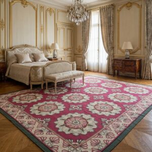Vintage Aubusson Flat Weave Rug, Raspberry Rosette (SKU FA5107RD9X12), styled in a bedroom
