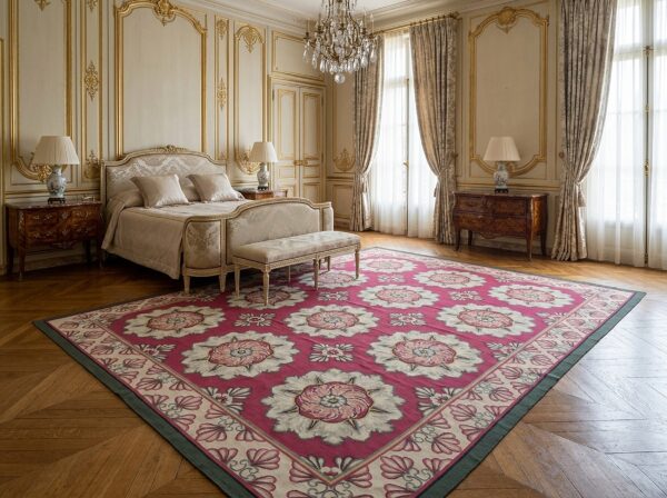 Vintage aubusson flat weave rug, raspberry rosette, 9' x 12' 12 Vintage aubusson flat weave rug, raspberry rosette (sku fa5107rd9x12), styled in a bedroom