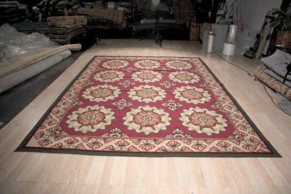 Vintage aubusson flat weave rug, raspberry rosette, 9' x 12' 2 Vintage aubusson flat weave rug, raspberry rosette (sku fa5107rd9x12), detail 1