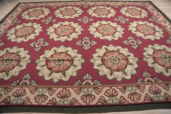 Vintage aubusson flat weave rug, raspberry rosette, 9' x 12' 3 Vintage aubusson flat weave rug, raspberry rosette (sku fa5107rd9x12), detail 2