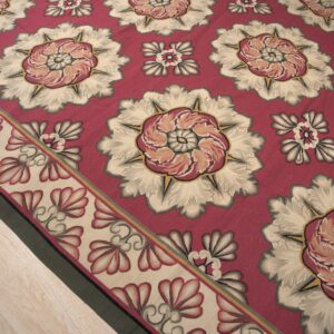 Vintage Aubusson flat weave rug, Raspberry Rosette (SKU FA5107RD9X12), detail 4
