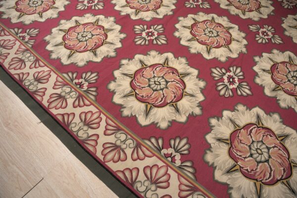 Vintage aubusson flat weave rug, raspberry rosette, 9' x 12' 5 Vintage aubusson flat weave rug, raspberry rosette (sku fa5107rd9x12), detail 4