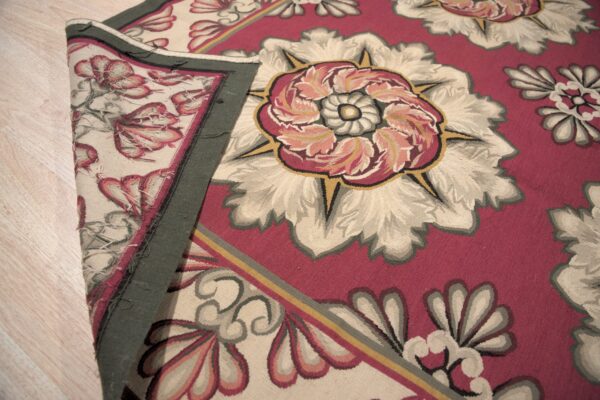Vintage aubusson flat weave rug, raspberry rosette, 9' x 12' 6 Vintage aubusson flat weave rug, raspberry rosette (sku fa5107rd9x12), detail 5