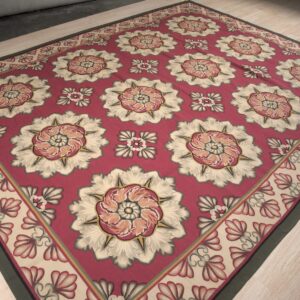 Vintage Aubusson flat weave rug, Raspberry Rosette (SKU FA5107RD9X12), detail 7