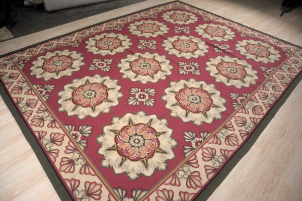 Vintage aubusson flat weave rug, raspberry rosette, 9' x 12' 8 Vintage aubusson flat weave rug, raspberry rosette (sku fa5107rd9x12), detail 7