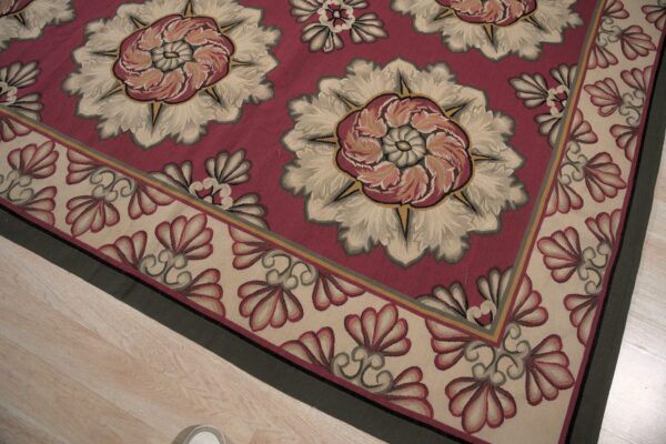 Vintage aubusson flat weave rug, raspberry rosette, 9' x 12' 9 Vintage aubusson flat weave rug, raspberry rosette (sku fa5107rd9x12), detail 8