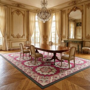 Vintage Aubusson Flat Weave Rug, Raspberry Rosette (SKU FA5107RD9X12), styled in a dining room