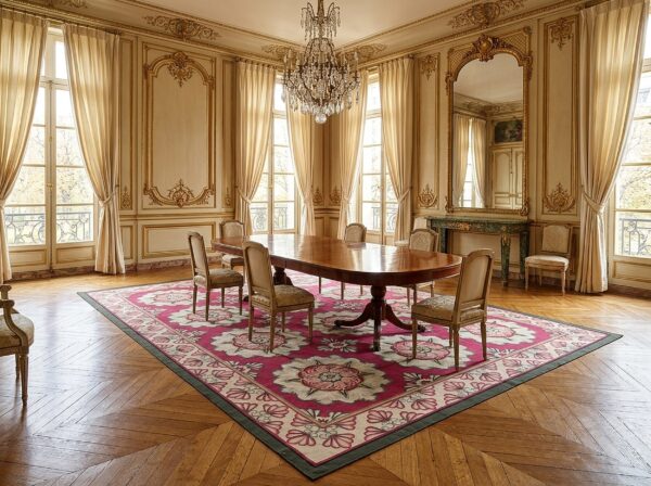 Vintage aubusson flat weave rug, raspberry rosette, 9' x 12' 11 Vintage aubusson flat weave rug, raspberry rosette (sku fa5107rd9x12), styled in a dining room