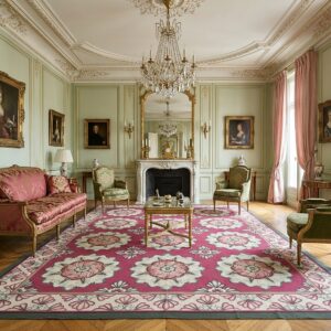 Vintage Aubusson Flat Weave Rug, Raspberry Rosette (SKU FA5107RD9X12), styled in a living room
