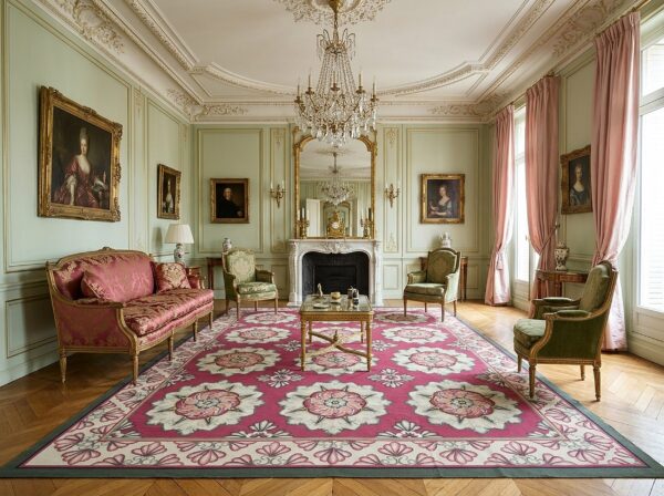 Vintage aubusson flat weave rug, raspberry rosette, 9' x 12' 10 Vintage aubusson flat weave rug, raspberry rosette (sku fa5107rd9x12), styled in a living room